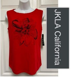 JKLA California Red Floral Sleeveless Beaded Stretch Blouse
